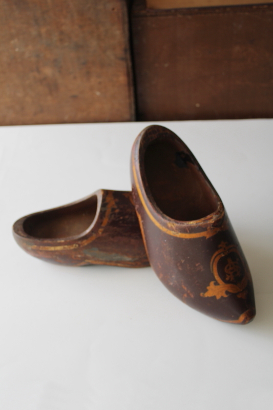 photo of antique carved wood clogs, 1800s vintage old world primitives w/ beautiful original paint #7