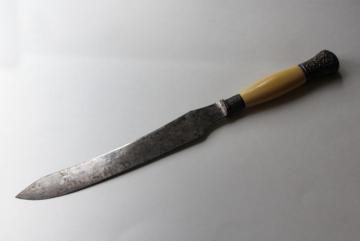 catalog photo of antique carving knife w/ ivory celluloid handle, blade marked Landers Frary Clark