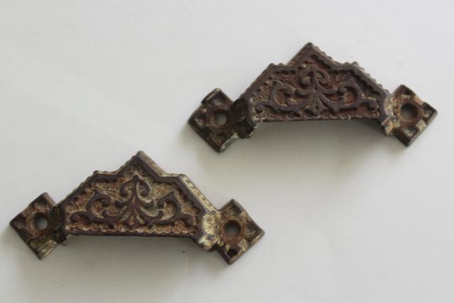 photo of antique cast iron bin pulls, Eastlake vintage hardware, Victorian drawer handles #1