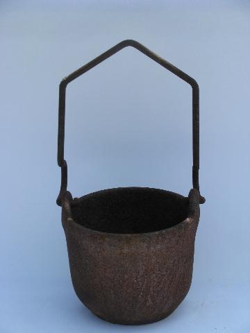 photo of antique cast iron cauldron pot, cute small size w/ handle to hang over rod #1