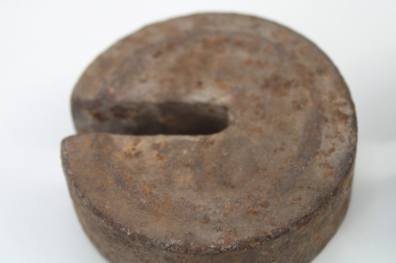photo of antique cast iron scale weights, large round weights rusty crusty vintage farm primitives #3