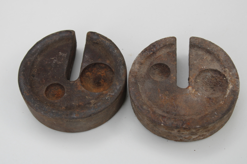 photo of antique cast iron scale weights, large round weights rusty crusty vintage farm primitives #7