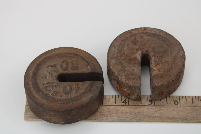 photo of antique cast iron scale weights, large round weights rusty crusty vintage farm primitives #8