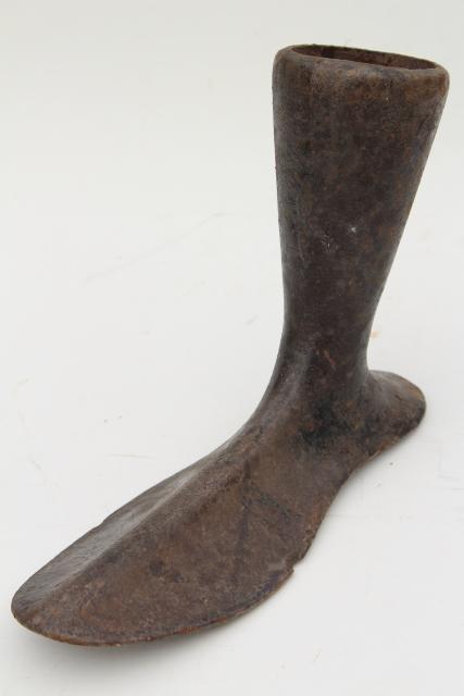 photo of antique cast iron shoe last, leg and foot form sculpture, rustic vintage industrial #1