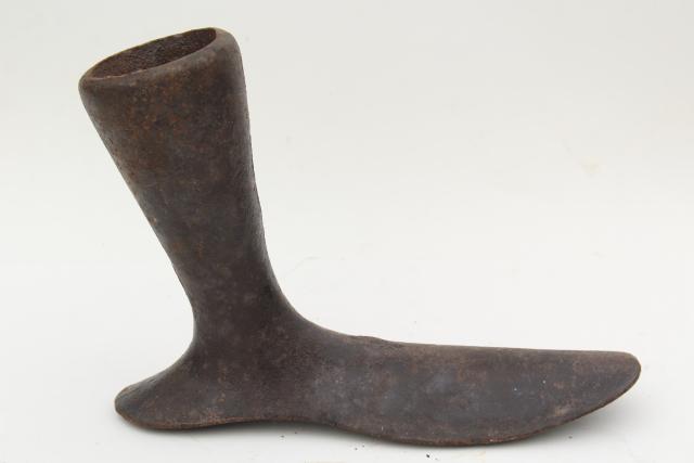 photo of antique cast iron shoe last, leg and foot form sculpture, rustic vintage industrial #7