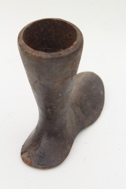 photo of antique cast iron shoe last, leg and foot form sculpture, rustic vintage industrial #8