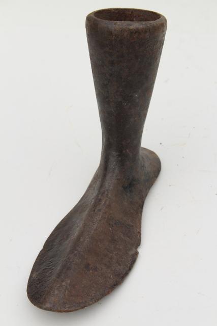 photo of antique cast iron shoe last, leg and foot form sculpture, rustic vintage industrial #10