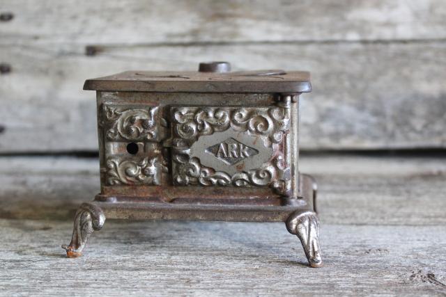 photo of antique cast iron toy stove Ark wood stove, Arcade novelty or saleman's sample #1