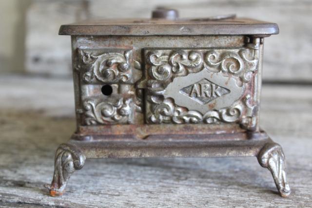 photo of antique cast iron toy stove Ark wood stove, Arcade novelty or saleman's sample #3