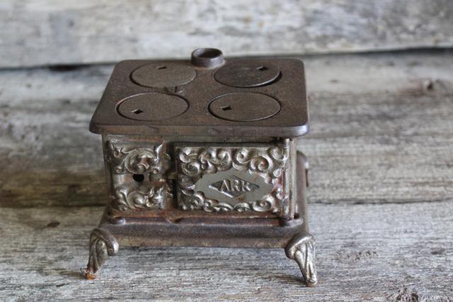 photo of antique cast iron toy stove Ark wood stove, Arcade novelty or saleman's sample #4