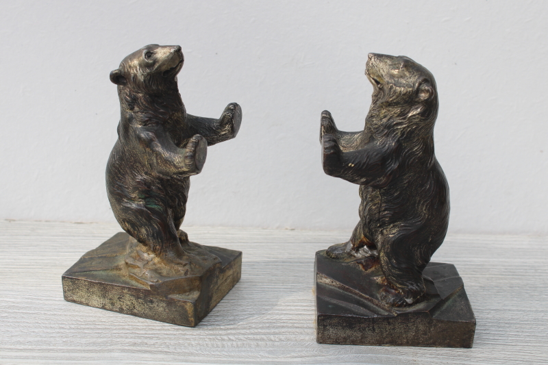 photo of antique cast metal bronze bears statues, bear figurines bookends early souvenir of Yellowstone #1