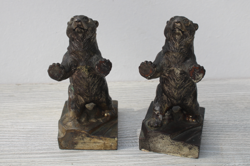 photo of antique cast metal bronze bears statues, bear figurines bookends early souvenir of Yellowstone #2