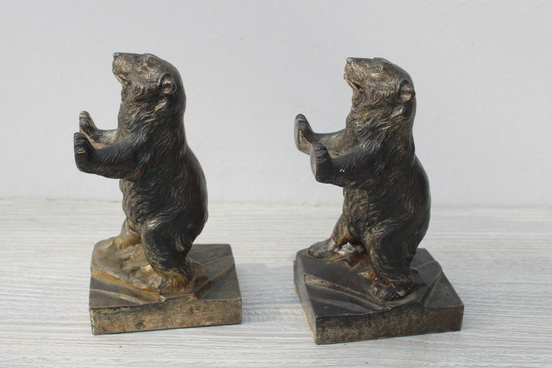 photo of antique cast metal bronze bears statues, bear figurines bookends early souvenir of Yellowstone #3