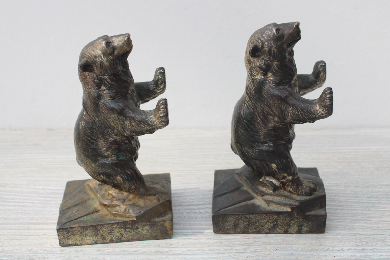 photo of antique cast metal bronze bears statues, bear figurines bookends early souvenir of Yellowstone #4