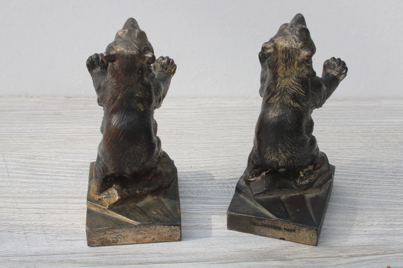 photo of antique cast metal bronze bears statues, bear figurines bookends early souvenir of Yellowstone #5