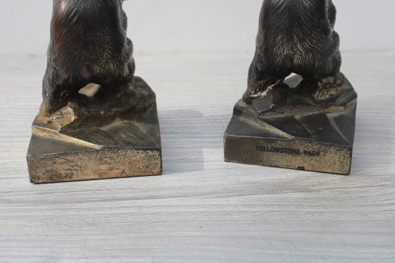 photo of antique cast metal bronze bears statues, bear figurines bookends early souvenir of Yellowstone #6