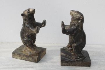 catalog photo of antique cast metal bronze bears statues, bear figurines bookends early souvenir of Yellowstone