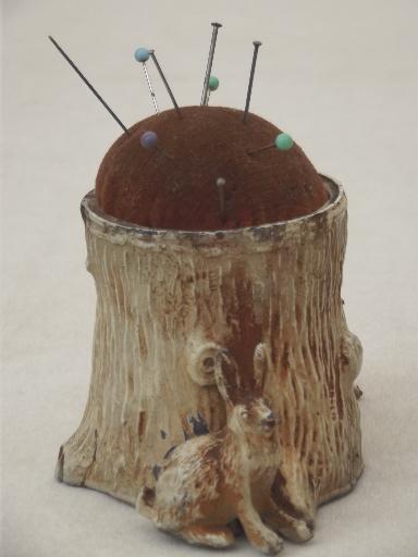 photo of antique cast metal 'bronze' figural pincushion w/ tree stump & rabbits #3