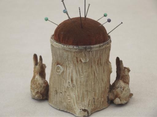 photo of antique cast metal 'bronze' figural pincushion w/ tree stump & rabbits #4