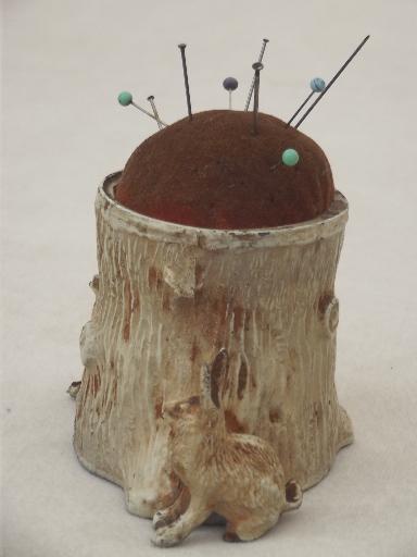 photo of antique cast metal 'bronze' figural pincushion w/ tree stump & rabbits #5