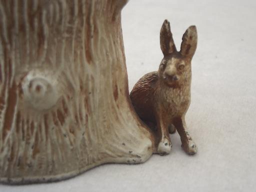 photo of antique cast metal 'bronze' figural pincushion w/ tree stump & rabbits #8