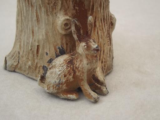 photo of antique cast metal 'bronze' figural pincushion w/ tree stump & rabbits #10