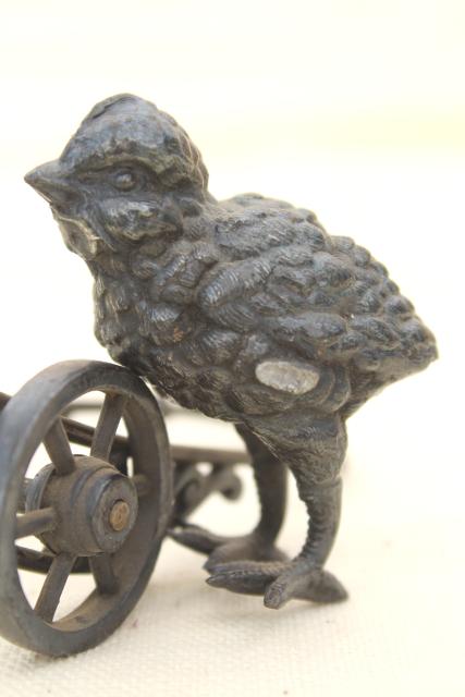 photo of antique cast metal figural inkwell or egg holder, baby chick w/ cart #2