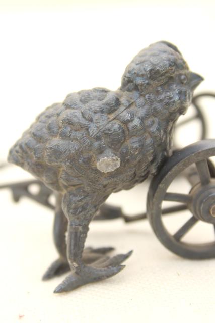 photo of antique cast metal figural inkwell or egg holder, baby chick w/ cart #3