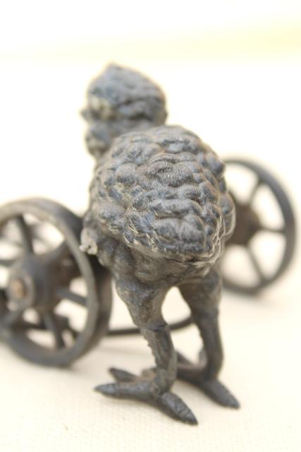 photo of antique cast metal figural inkwell or egg holder, baby chick w/ cart #4