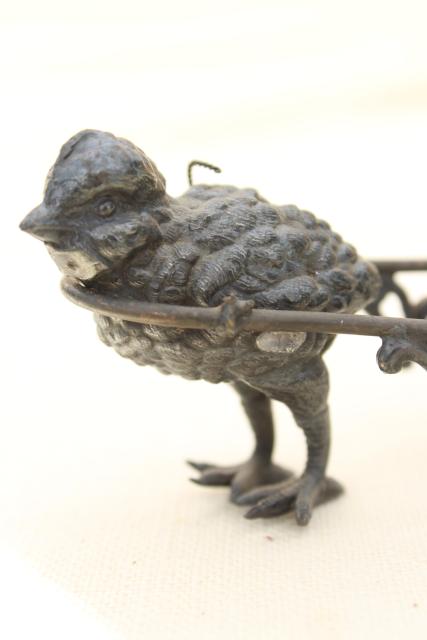 photo of antique cast metal figural inkwell or egg holder, baby chick w/ cart #8