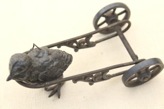 photo of antique cast metal figural inkwell or egg holder, baby chick w/ cart #9