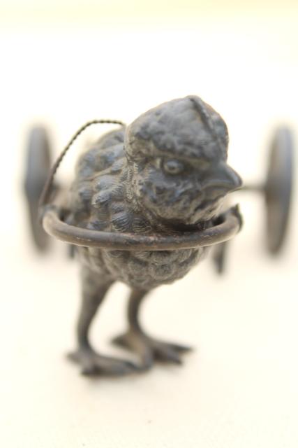 photo of antique cast metal figural inkwell or egg holder, baby chick w/ cart #11