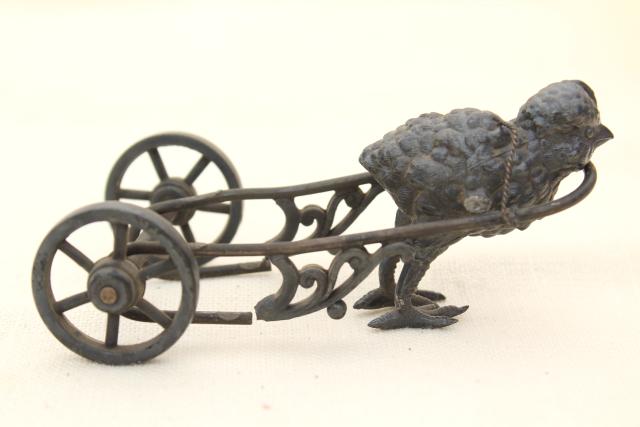 photo of antique cast metal figural inkwell or egg holder, baby chick w/ cart #12