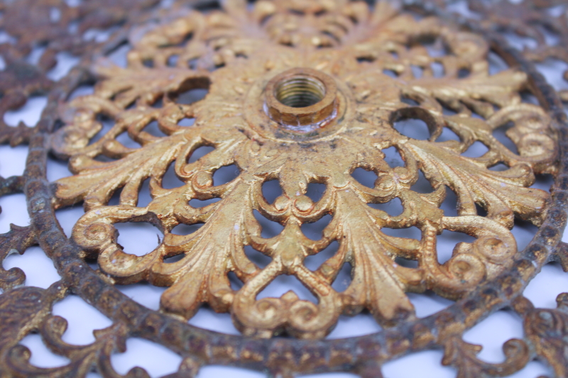photo of antique cast metal filigree rosette, hardware for wall or ceiling mount gas light lighting fixture #3