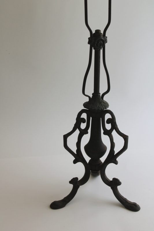 photo of antique cast wrought iron lamp, ornate scrolled shape w/ original black finish  #1