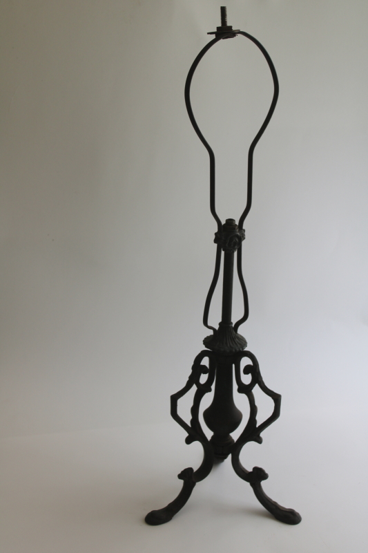 photo of antique cast wrought iron lamp, ornate scrolled shape w/ original black finish  #4