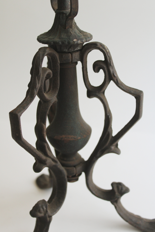 photo of antique cast wrought iron lamp, ornate scrolled shape w/ original black finish  #8