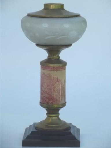 photo of antique castles transferware china lamp base,  old  oil lamp w/ glass font #1