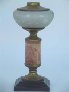 catalog photo of antique castles transferware china lamp base,  old  oil lamp w/ glass font