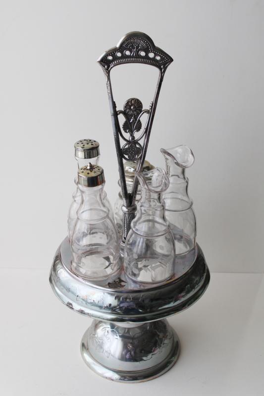 photo of antique castor set w/ original glass jars & bottles, aesthetic art metal stand #1