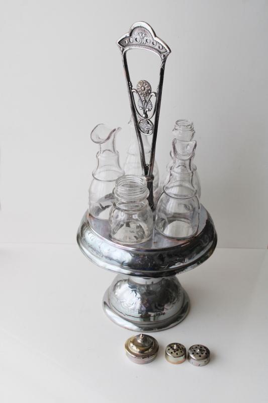 photo of antique castor set w/ original glass jars & bottles, aesthetic art metal stand #4