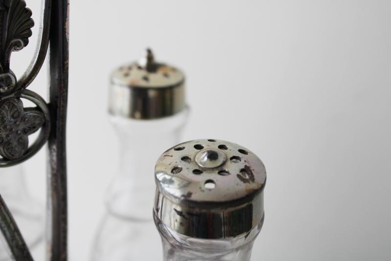 photo of antique castor set w/ original glass jars & bottles, aesthetic art metal stand #12