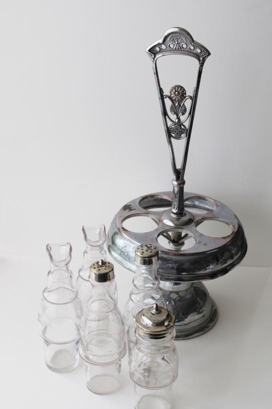 photo of antique castor set w/ original glass jars & bottles, aesthetic art metal stand #15