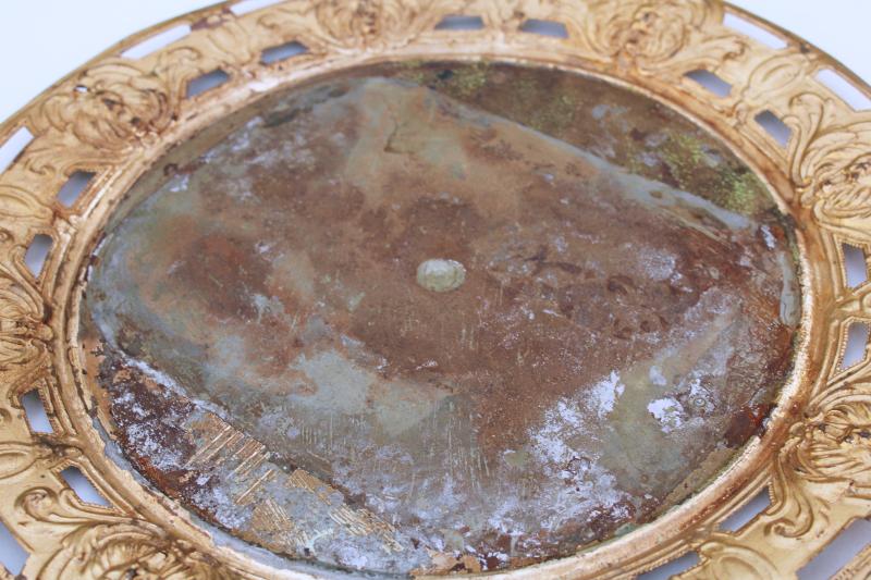photo of antique charger plate w/ shabby gilt lions, embossed metal tray ornate pierced border #4