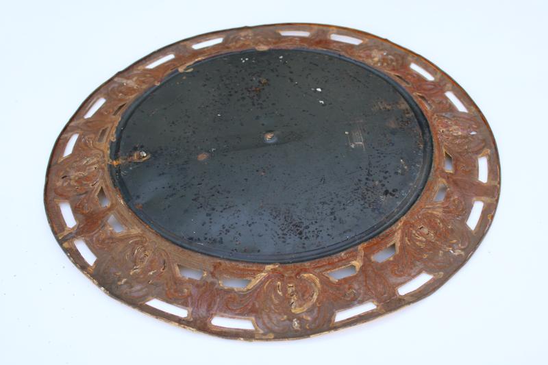 photo of antique charger plate w/ shabby gilt lions, embossed metal tray ornate pierced border #6