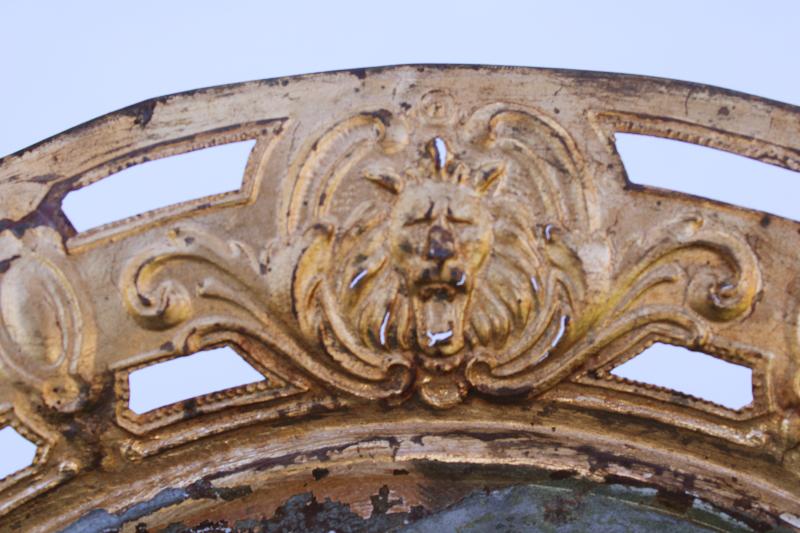 photo of antique charger plate w/ shabby gilt lions, embossed metal tray ornate pierced border #9