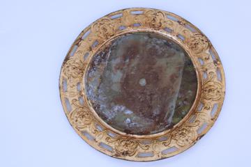 catalog photo of antique charger plate w/ shabby gilt lions, embossed metal tray ornate pierced border