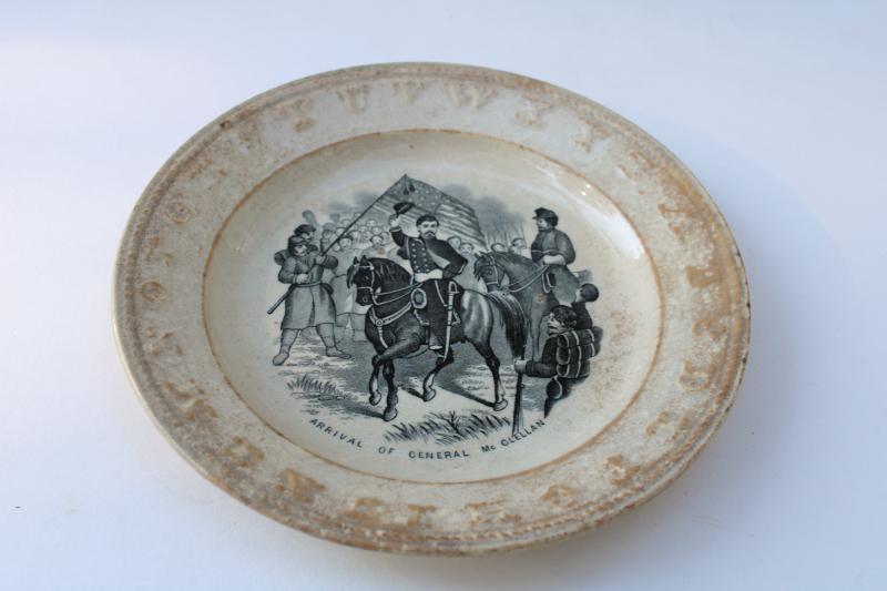 photo of antique child's ABC plate, black transferware historic scene engraving Civil War soldiers #1