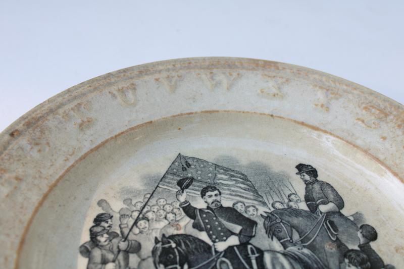 photo of antique child's ABC plate, black transferware historic scene engraving Civil War soldiers #2