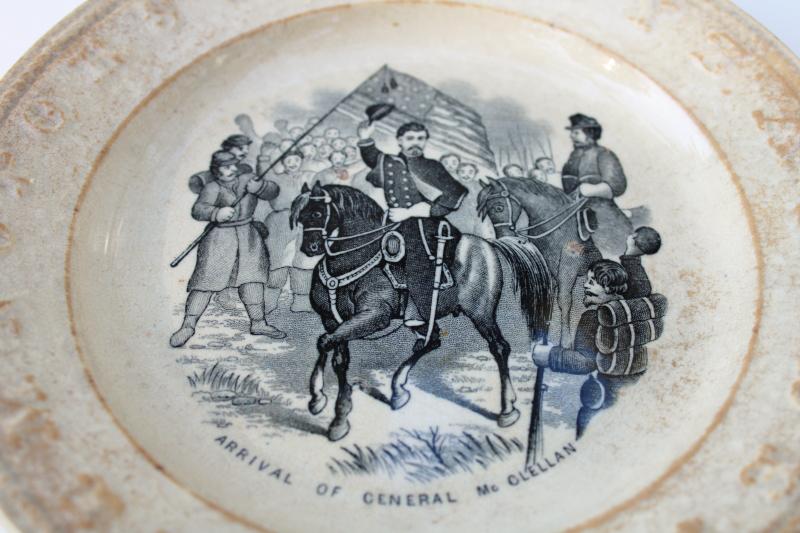 photo of antique child's ABC plate, black transferware historic scene engraving Civil War soldiers #4